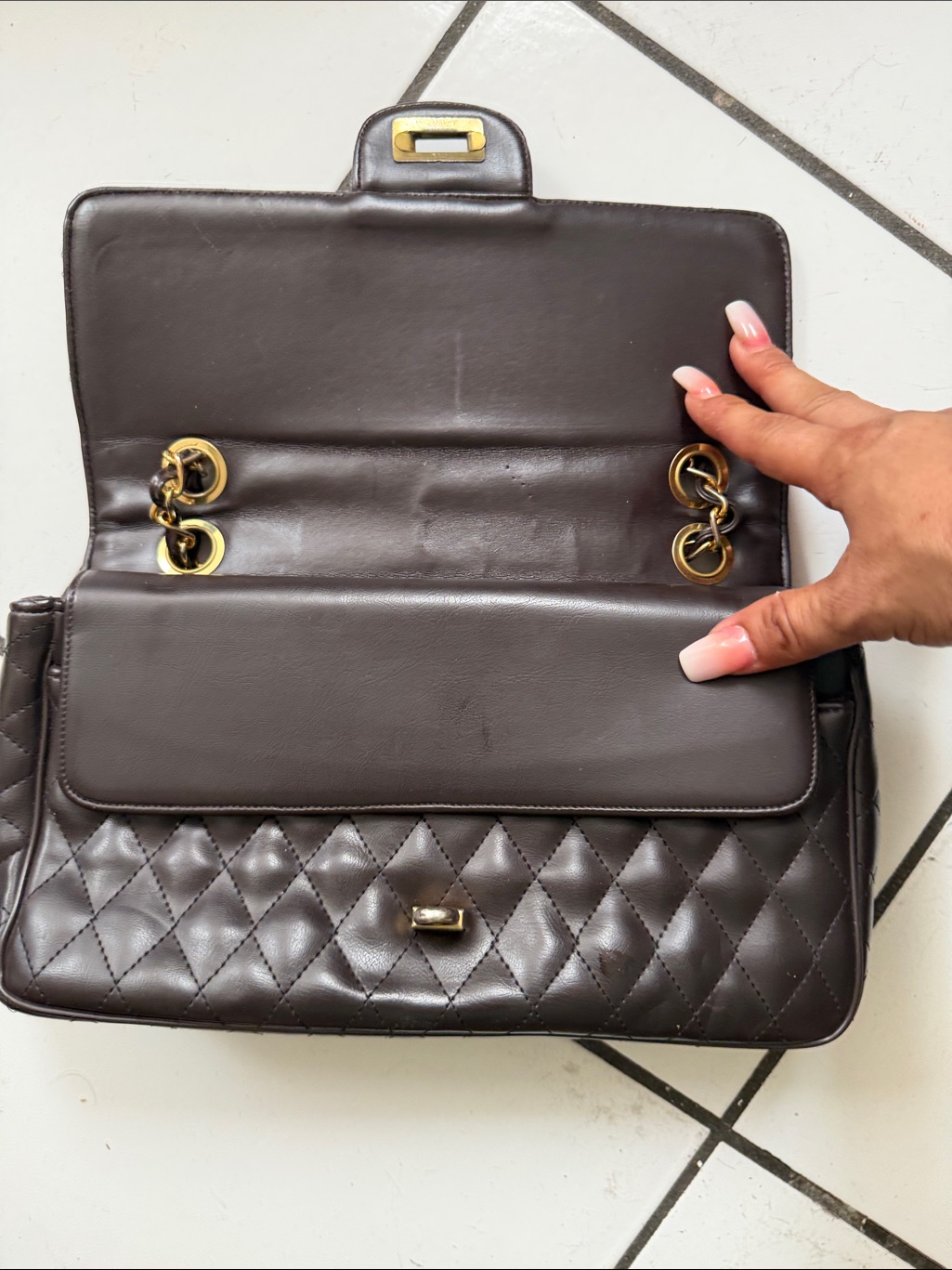 Quilted Shoulder Bag With Gold Chain Strap In Dark Brown — image 4 of 6